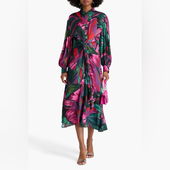 FARM Rio Dresses & Skirts - Farm Rio Bead-Embellished Printed Twill Midi Shirt Dress